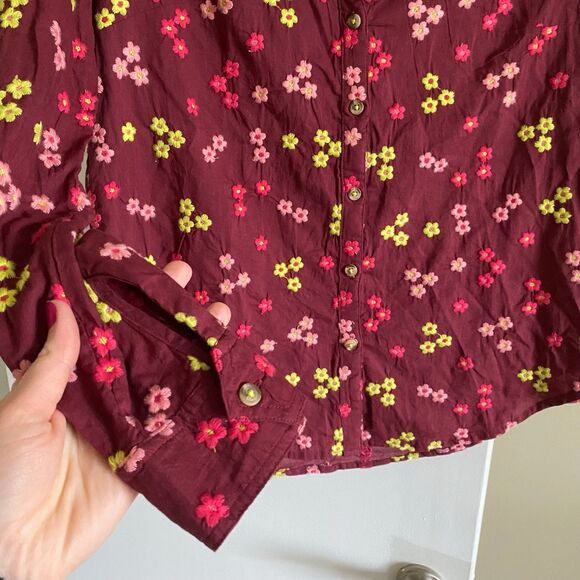 Maeve Embroidered Buttondown Blouse Size Medium Floral Burgundy Maroon Colorful - Picture 5 of 12